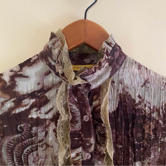 Y2K Lloyd Williams Blouse Woman Small Crinkle Sheer Lace Bell Sleeve Forestfairy - Picture 5 of 16